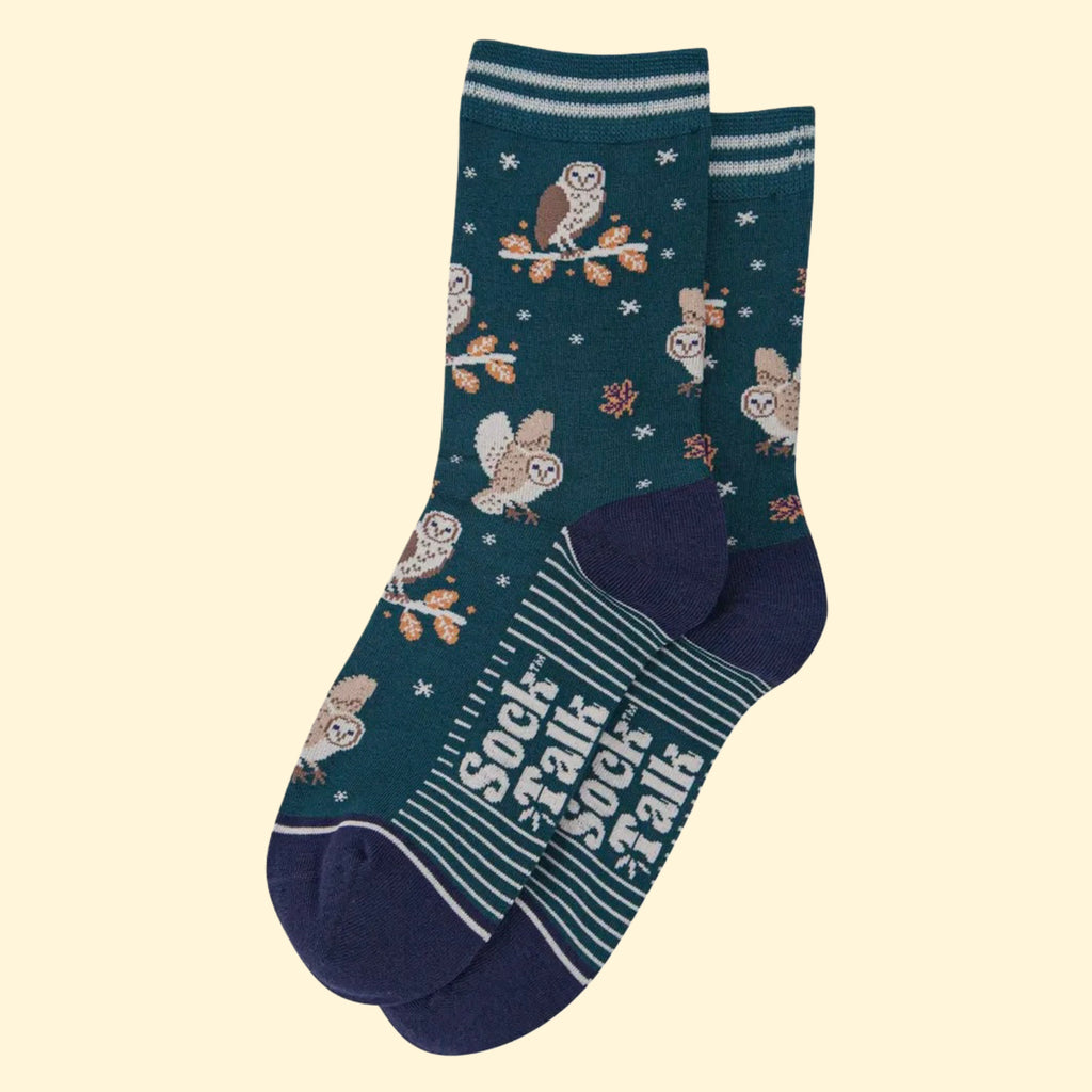 Women's Bamboo Socks - Barn Owls (Forest Green)