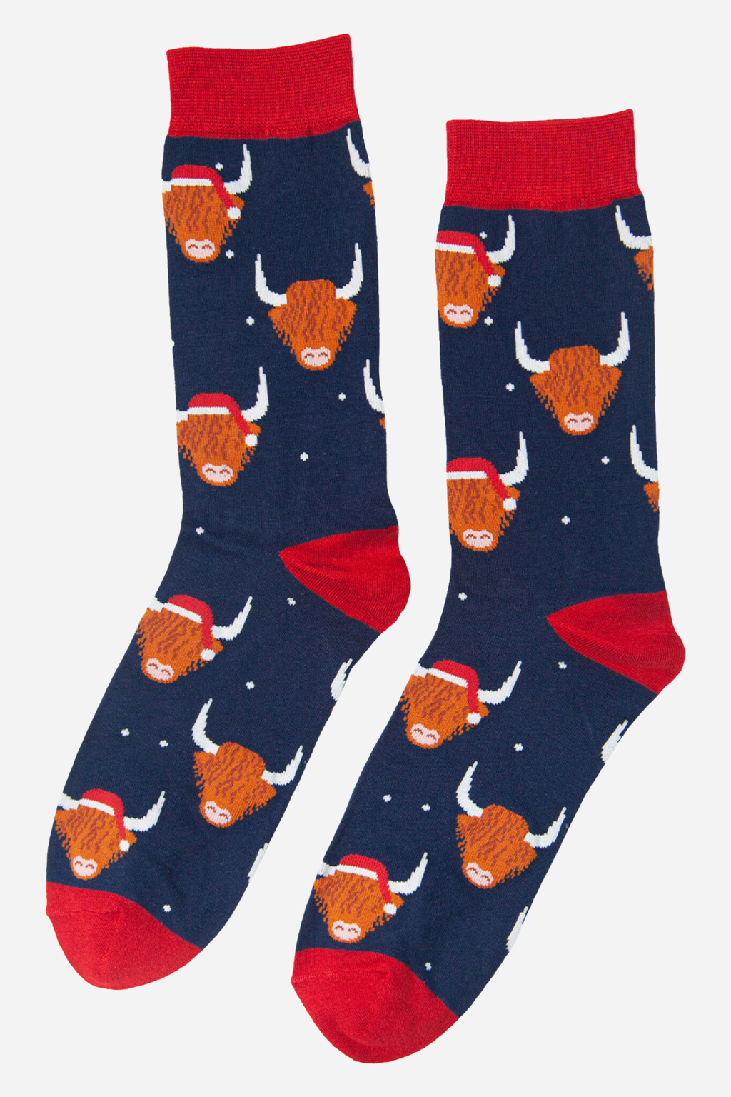 Navy Blue Men's Christmas Highland Cow Print Bamboo Socks