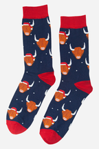 Navy Blue Men's Christmas Highland Cow Print Bamboo Socks
