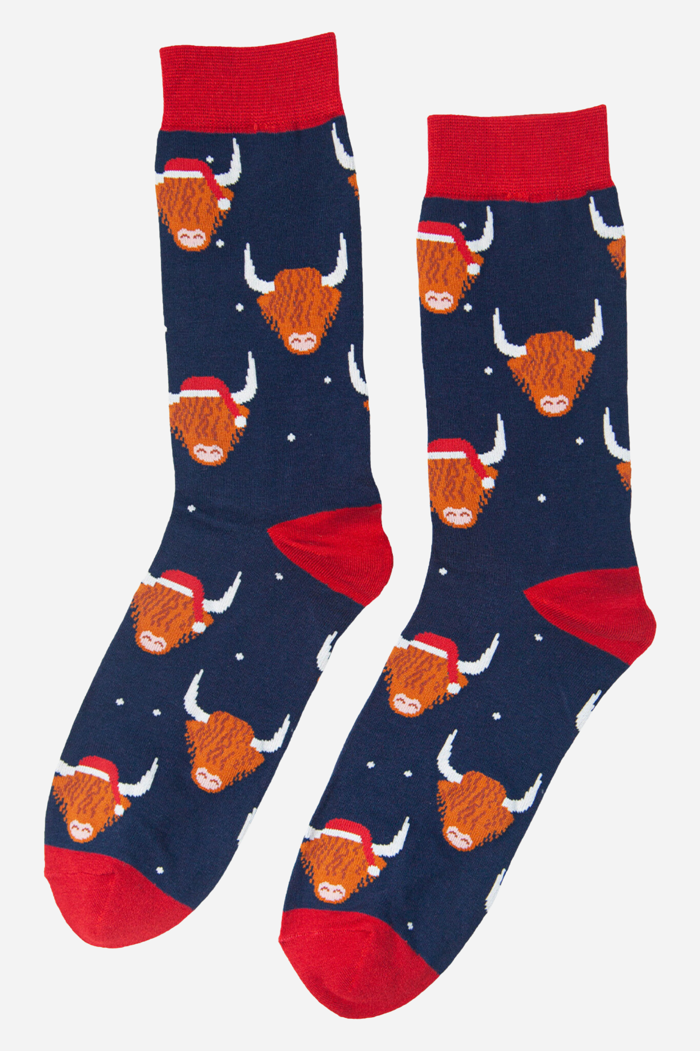 Navy Blue Men's Christmas Highland Cow Print Bamboo Socks