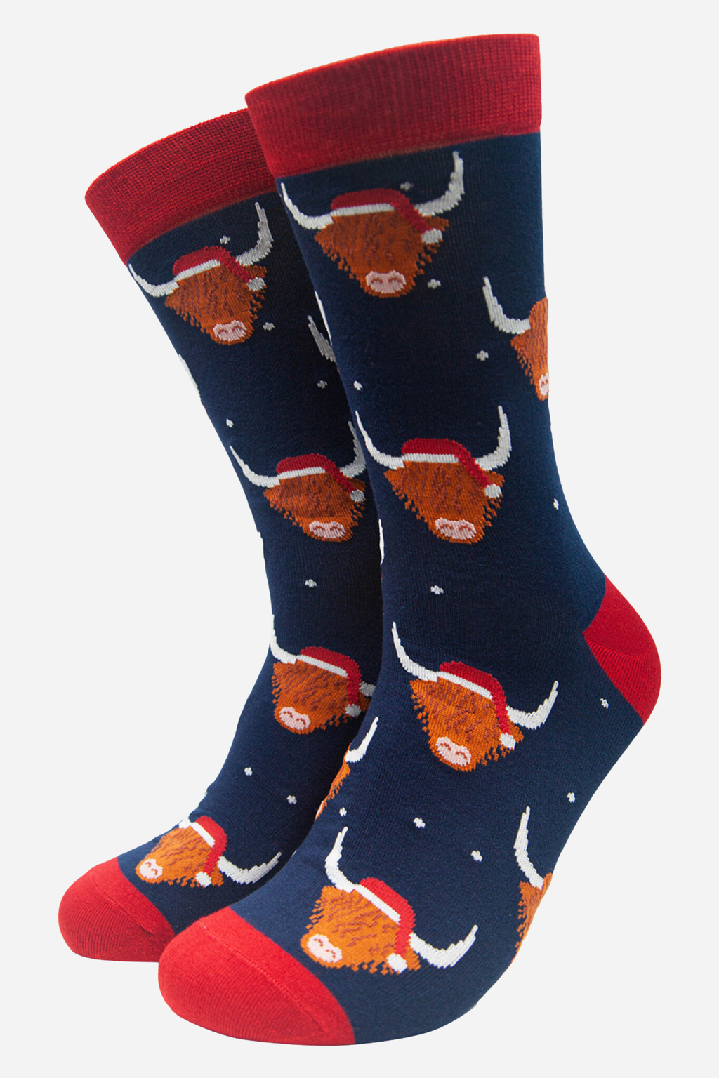 Navy Blue Men's Christmas Highland Cow Print Bamboo Socks