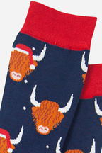 Navy Blue Men's Christmas Highland Cow Print Bamboo Socks